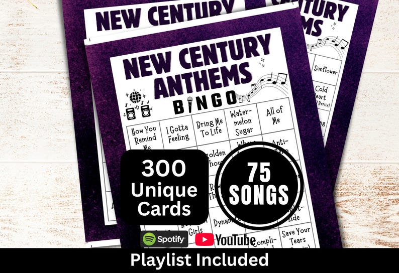 2000s 2010s 2020s Songs Bingo 300 Cards, Decades of Hits Music Game with Playlist, Musical Trivia Activity, Retro Y2K Theme Reunion Party image 1