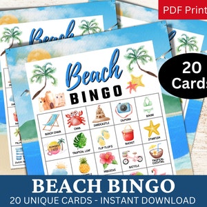 20 strandbingospelkaart, activiteit met aquarelzomerthema, reis met familiespel, reünievakantie feestactiviteiten met vrienden