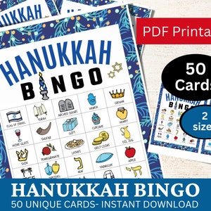 50 Tarjeta de juego de bingo de Hanukkah, Actividad de fiesta imprimible para niños, adolescentes y adultos, Bingo de Janucá familiar con etiqueta PDF, Festival del judaísmo judío