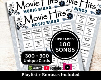 Movie Hits Music Bingo, 300 Cards, 100 Songs Playlists Included, Printable PDF Game, Instant Download