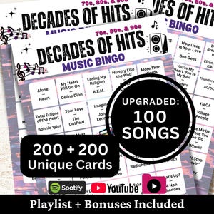 70s 80s 90s liedjes bingo 200 kaarten, muziekbingo met afspeellijst met 100 nummers, jaren 90, 80, 70s, familie retro avond verzamelen spel feestactiviteit