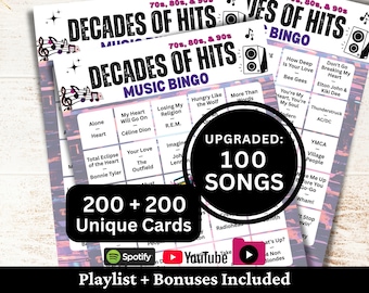 70s 80s 90s Songs Bingo 200 Cards, Music Bingo With Playlist 100