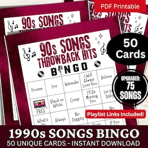 Throwback 90s Songs Bingo 50 Cards, 1990s Timeless Music Activity with Playlist, Family Gathering Game, Birthday Party PDF for Retro Lovers