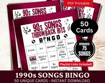 50 cartes de bingo avec chansons des années 90, activité musicale intemporelle des années 90 avec liste de lecture, jeu de réunion de famille, PDF de fête d'anniversaire pour les amateurs de rétro