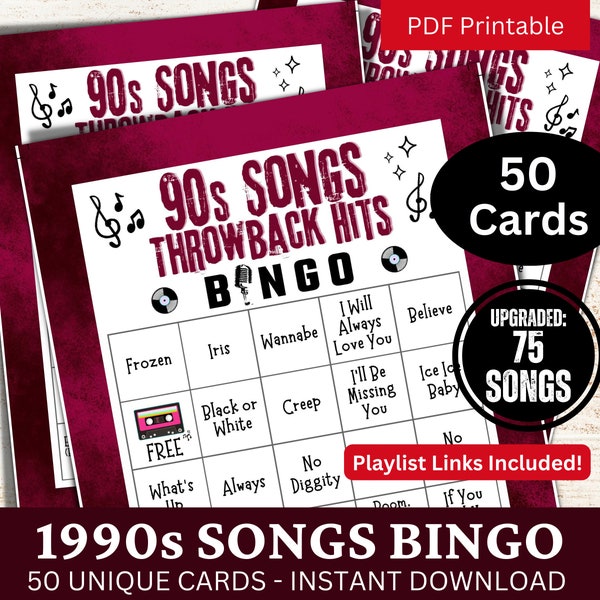 Throwback 90s Songs Bingo 50 Cards, 1990s Timeless Music Activity with Playlist, Family Gathering Game, Birthday Party PDF for Retro Lovers