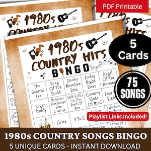 5 cartes de bingo avec chansons country des années 1980, bingo à musique classique avec liste de lecture, activité amusante de fête de vacances en famille, jeu PDF de rassemblement sur le thème western