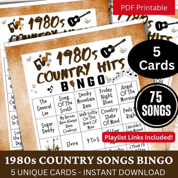 1980s Country Songs Bingo 5 Cards, Classic Music Bingo with Playlist, Fun Family Holiday Party Activity, Western Theme Gathering PDF Game