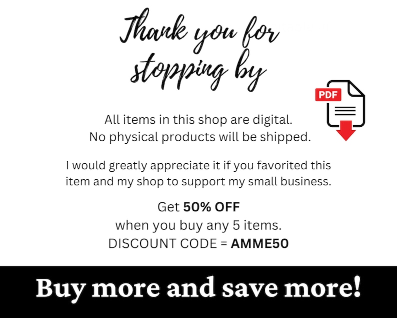 Pu&ograve; includere: Sfondo bianco con testo nero: "Grazie per la visita". Il testo indica che tutti gli articoli sono digitali e non verranno spediti prodotti fisici. &Egrave; presente anche un'icona PDF.