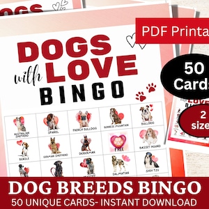 50 Hunderassen Bingo Spiel Karte, Hunde mit Liebe Aquarell Thema Party Aktivität, Internationaler Tag des Hundes PDF Bogen druckbar, für Kinder und Erwachsene