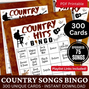 Cartões de bingo de músicas country com 300 cartões, bingo de festa de aniversário ocidental, atividade de festa musical com lista de reprodução, jogo para impressão de reunião noturna em família