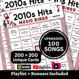 Bingo musical de éxitos de la década de 2010, 200 cartones, 100 listas de reproducción de canciones incluidas, juego en PDF imprimible, descarga instantánea