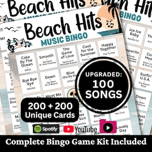 May include: A Beach Hits music bingo game kit featuring multiple printed cards with song titles and artist names. The cards display a beach theme with palm trees and musical notes. Text includes Upgraded: 100 Songs and 200 + 200 Unique Cards.