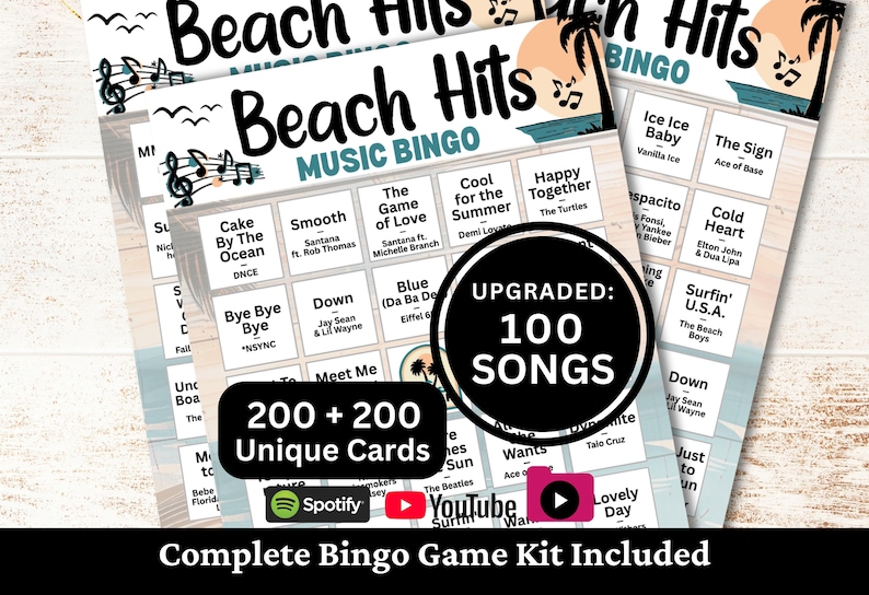 May include: A Beach Hits music bingo game kit featuring multiple printed cards with song titles and artist names. The cards display a beach theme with palm trees and musical notes. Text includes Upgraded: 100 Songs and 200 + 200 Unique Cards.