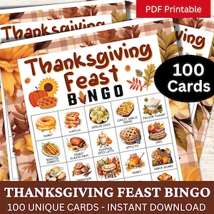 Bingo de la Fiesta de Acción de Gracias, 100 cartas, juego familiar con tema de comida de acuarela para niños, actividad grupal de gratitud en PDF imprimible, reunión de fiesta