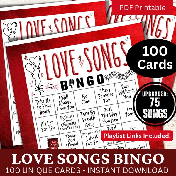 Love Songs Bingo Game 100 Cards, Romance Pop Music Party Activity, Family Night Gathering Classic Printable, Birthday PDF for Country Lovers