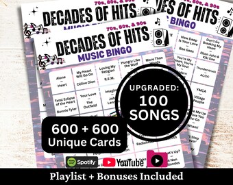 Decades 70s 80s 90s Music Bingo, 600 Cards, 100 Songs Playlists Included, Printable PDF Game, Instant Download