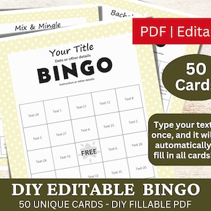 50 bearbeitbare Bingo Pastellgelb-Vorlage PDF, DIY ausfüllbare Bingospielkarten, Benutzerdefiniert automatisch füllen, personalisiert Machen Sie Ihren eigenen Generator