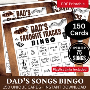 Carte de 150 jeux de bingo avec chansons de papa, soirée réunion de famille, activité de rassemblement sur le thème de l'anniversaire de papa, bingo musical avec liste de lecture pour la fête des pères