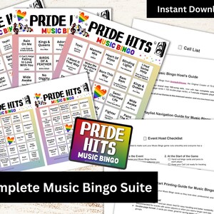 May include: A collection of Pride Hits Music Bingo cards and supporting documents. The bingo cards feature a rainbow heart and musical notes, with song titles in a grid. The words "PRIDE HITS MUSIC BINGO" are prominently displayed.