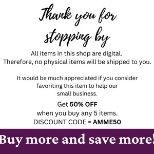 Puede incluir: Un anuncio de tienda digital con el texto "Gracias por pasar". El anuncio tambi&eacute;n incluye un c&oacute;digo de descuento "AMME50" para un 50% de descuento al comprar 5 art&iacute;culos.