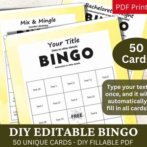 50 PDF de plantilla amarilla de acuarela de bingo editable, tarjeta de juego rellenable de bricolaje, relleno automático personalizado, personalizado haga su propio generador