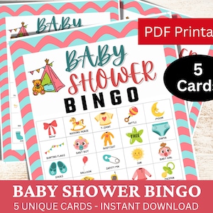 5 carte da gioco Baby Shower Bingo, attività di Bingo a tema rosa blu, ragazza Baby Shower stampabile, gioco di Bingo Baby Shower per ragazzo, gioco di gravidanza