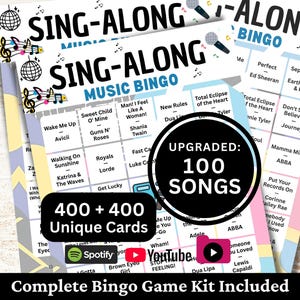 May include: A Sing-Along Music Bingo game kit featuring multiple printed cards with song titles and artist names. The cards include graphics of disco balls and microphones, with text overlays stating Upgraded: 100 Songs and 400 + 400 Unique Cards.
