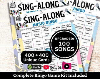 Bingo musical para cantar, 400 tarjetas, 100 listas de reproducción de canciones incluidas, juego imprimible en PDF, descarga instantánea.
