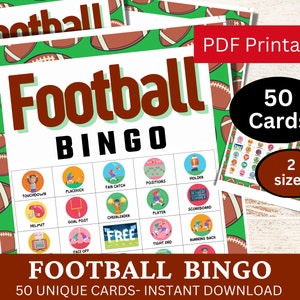 50 Fußball Bingo Spiel Karte, 2023 Watch Party Aktivität, Sonntag Großspiel druckbar, American Football Sport Spiel PDF für Kinder und Erwachsene