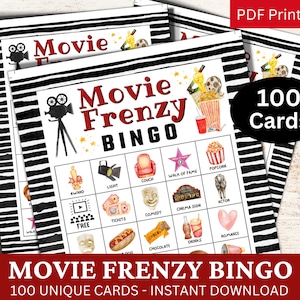 100 Movie Frenzy Bingo Game Card, Akwarele Holiday Themed Activity, Family Reunion PDF, Movie Night Party, Drinking Gathering Icebreaker