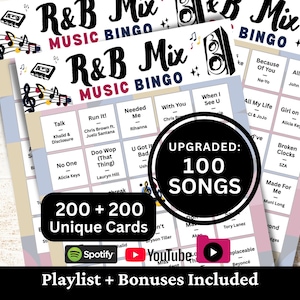 Könnte beinhalten: R&B Mix Music Bingo Spielkarten mit dem Text "R&B Mix Music Bingo". Die Karten zeigen Songtitel und Künstlernamen. Das Spiel enthält 200+200 einzigartige Karten und 100 Songs. Das Spiel beinhaltet eine Spotify- und YouTube-Playlist.