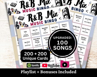 May include: R&B Mix Music Bingo game cards with the text "R&B Mix Music Bingo". The cards feature song titles and artist names. The game includes 200+200 unique cards and 100 songs. The game includes a Spotify and YouTube playlist.