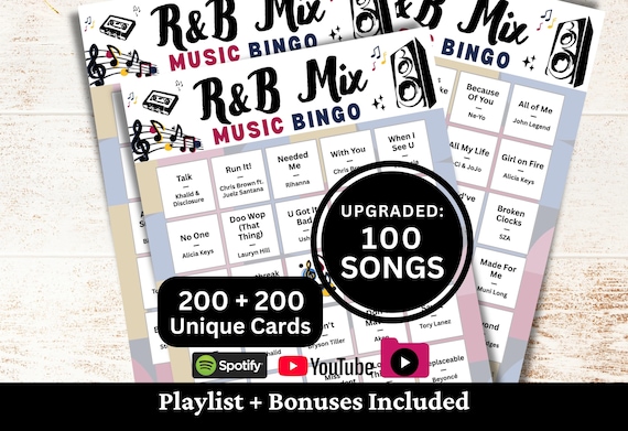 R&B Mix Music Bingo, 200 Cards, 100 Songs Playlists Included, Printable PDF Game, Instant Download