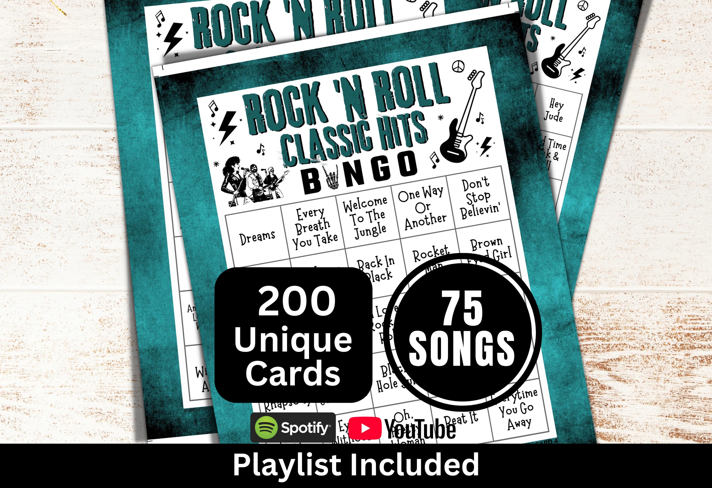 Bingo di canzoni classiche rock and roll con 200 cartelle, Bingo musicale con playlist, Gioco di successi degli anni '90, '80, '70, '60 e '50 per feste di famiglia per anziani