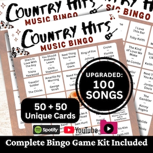 以下が含まれることがあります： カントリー・ヒッツ・ミュージック・ビンゴのゲームカード。曲名とアーティスト名がグリッド状に記載されています。黒いテキスト、ギターのアイコン、音符がデザインされています。オーバーレイには「Upgraded: 100 Songs」、「50 + 50 Unique Cards」、「Complete Bingo Game Kit Included」と表示されています。