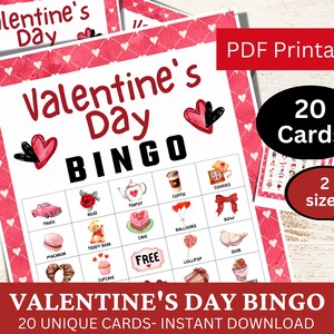 20 carte da gioco Bingo per San Valentino, attività per feste in classe a tema acquerello, gioco festivo PDF stampabile per riunioni, per bambini e adulti