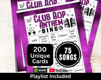 Club & Party Songs Bingo 200 Cards, Fundraising Social Gathering Games, Dance Music Bingo with Playlist, Fun Family Holiday Themed Activity