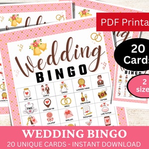 20 tarjetas de juego de bingo de boda, bingo de despedida de soltera, actividad de despedida de soltera, paquete imprimible de mesa de boda, hoja de juego PDF minimalista rosa