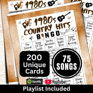 Bingo de canciones country de los 80 (200 cartones), divertida actividad para fiestas familiares, juego de reunión con temática del Oeste (PDF), bingo de música clásica con lista de reproducción imagen 1