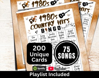 Bingo de canciones country de los 80 (200 cartones), divertida actividad para fiestas familiares, juego de reunión con temática del Oeste (PDF), bingo de música clásica con lista de reproducción