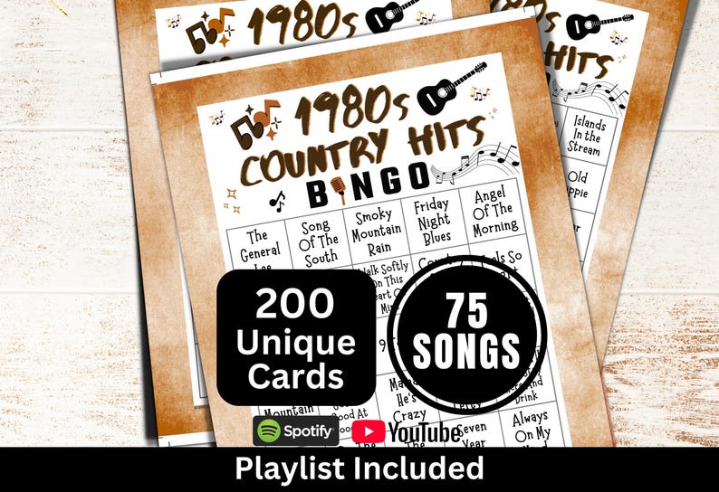 Bingo de canciones country de los 80 (200 cartones), divertida actividad para fiestas familiares, juego de reunión con temática del Oeste (PDF), bingo de música clásica con lista de reproducción imagen 1
