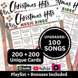 Bingo musical de éxitos navideños, 200 cartones, 100 listas de reproducción de canciones incluidas, juego en PDF imprimible, descarga instantánea