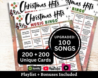 Christmas Hits Music Bingo, 200 Cards, 100 Songs Playlists Included, Printable PDF Game, Instant Download