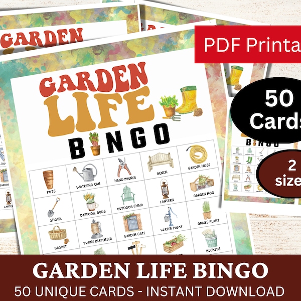 50 Garden Life Bingo Game Card, Gardening Tool Theme Activity, Springtime Holiday Game, Outdoor Hobby Club PDF Games, Fun Summer Activity