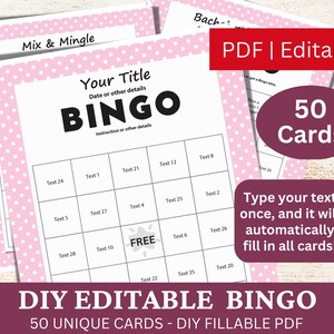 50 bearbeitbare Bingo Pastell Pink Vorlage PDF, DIY ausfüllbare Bingospielkarten, Benutzerdefiniert automatisch füllen, personalisiert Machen Sie Ihren eigenen Generator
