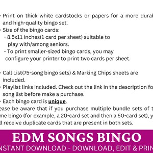 EDM Songs Bingo 100 Card, Trivia Night Game, Electronic Dance Music Bingo, Groove Party Music Bingo with Playlist, Friend Gathering Activity image 3