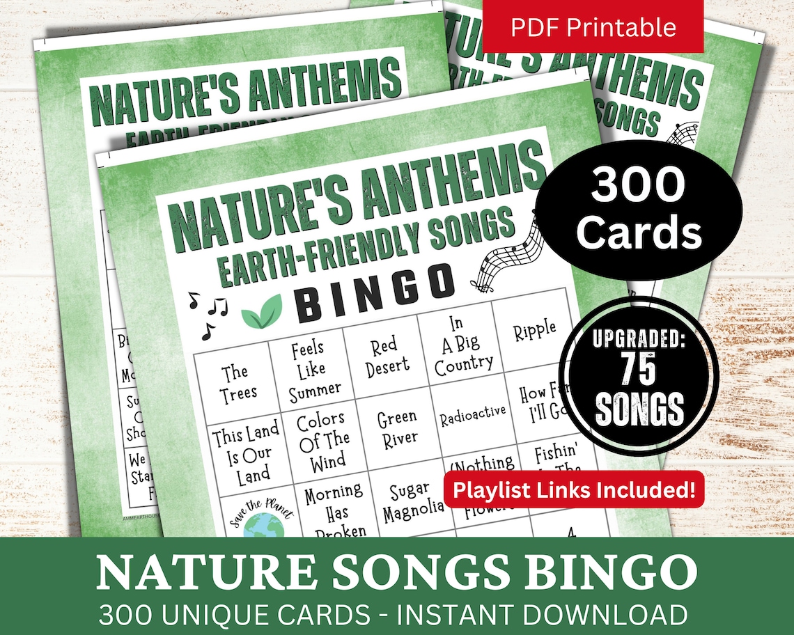 Nature Songs Bingo Game 300 Card, Music Bingo with Playlist, Environmental Club Icebreaker, Earth Day Anthems, Music Party Themed Activity image 1