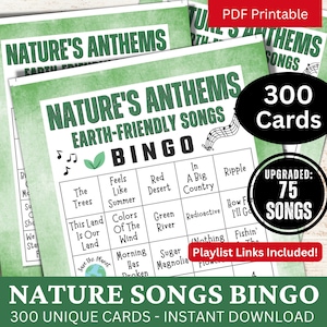 Nature Songs Bingo Spiel 300 Karte, Musik Bingo mit Playlist, Umweltclub Eisbrecher, Earth Day Hymnen, Musik Party Themen Aktivität