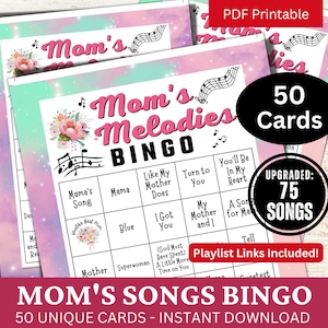 Mom's Songs Bingo Game 50-kaart, Moederdag verjaardag muziek, mamafeest thema-activiteit, mama feestbijeenkomst, Moederdagmelodie pdf