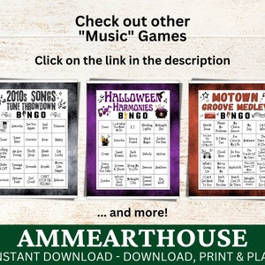 May include: Three printable Halloween bingo cards with different themes: 2010s Songs Tune Throwdown, Halloween Harmonies, and Motown Groove Medley. Each card has a black and white design with a spooky Halloween theme.